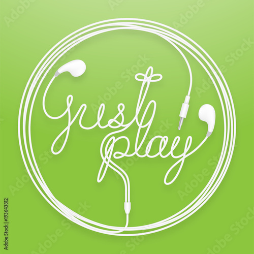 Earphones, Earbud type white color and just play text with circle frame made from cable isolated on green gradient background, with copy space