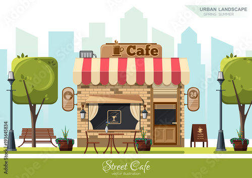 Street Cafe. Coffeeshop. City cafe. Urban spring summer landscape. Flat design concept. Vector illustration photo