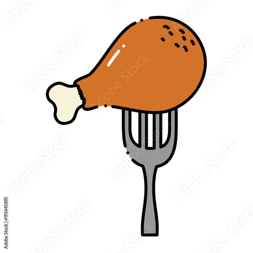 delicious chicken thigh in fork vector illustration design