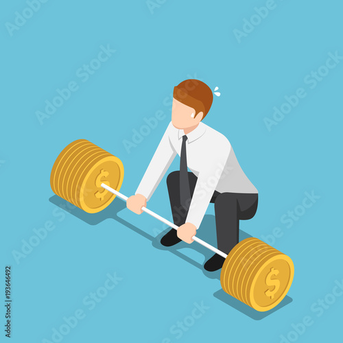 Isometric businessman trying to lifting up barbell with coin weight.