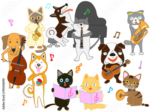 猫と犬のコンサート。猫と犬が楽器を演奏している。