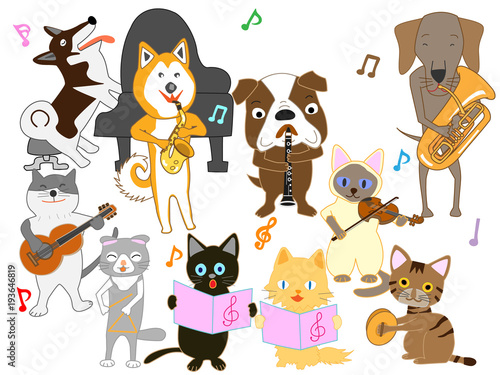 猫と犬のコンサート。猫と犬が楽器を演奏している。 © shin28