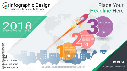 Business infographics template, Milestone timeline or Road map with Process flowchart 3 options, Strategic plan to define company values, Scheduling in project management to make facts and statistics.