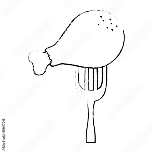 delicious chicken thigh in fork vector illustration design