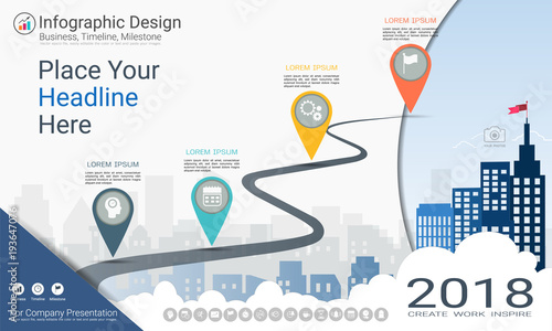 Business infographics template, Milestone timeline or Road map with Process flowchart 4 options, Strategic plan to define company values, Scheduling in project management to make facts and statistics.
