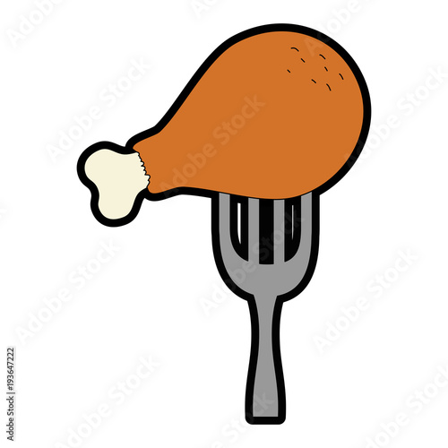 delicious chicken thigh in fork vector illustration design