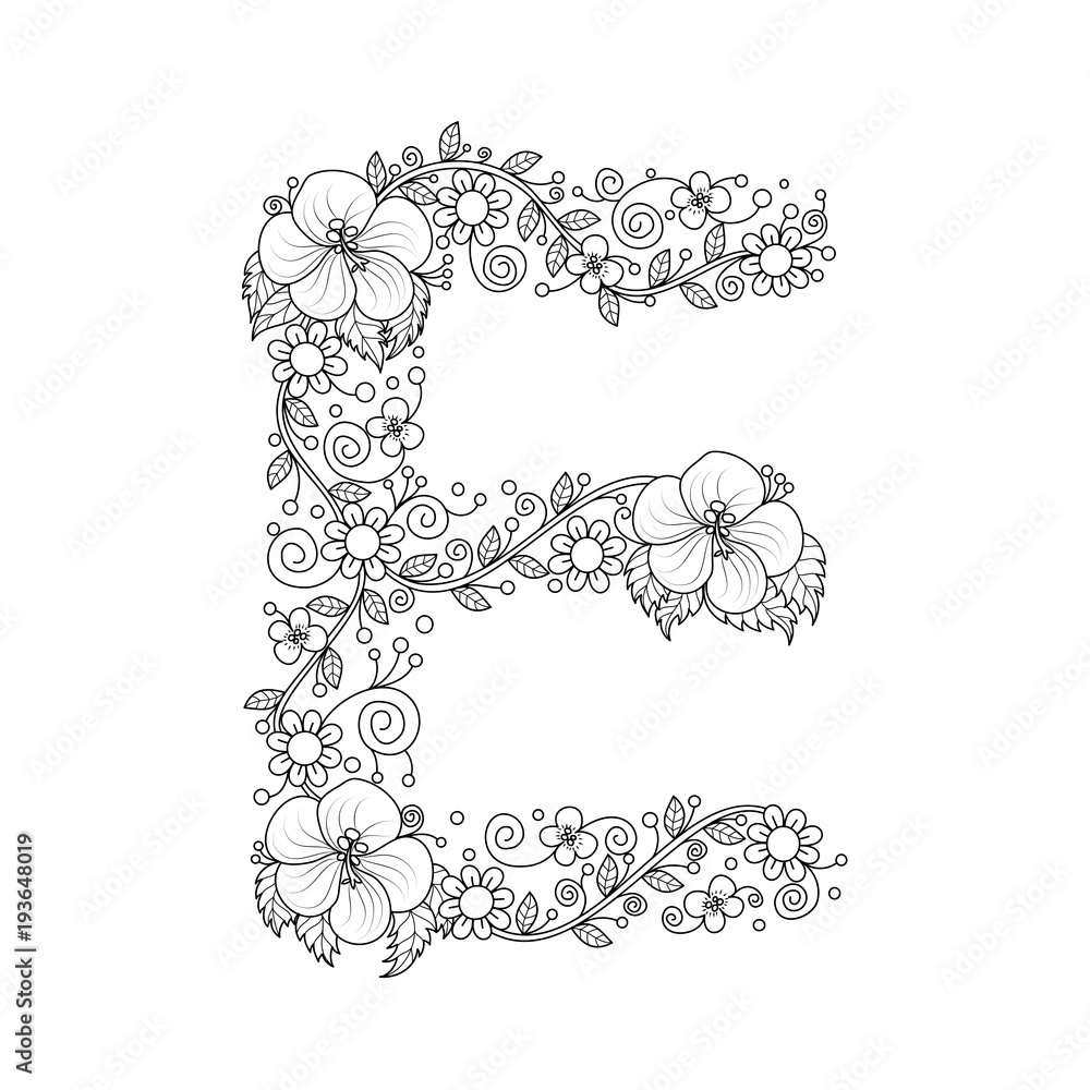 Буква е на весь лист а4 распечатать Floral alphabet letter E coloring book for adults. vector illustration.Hand draw