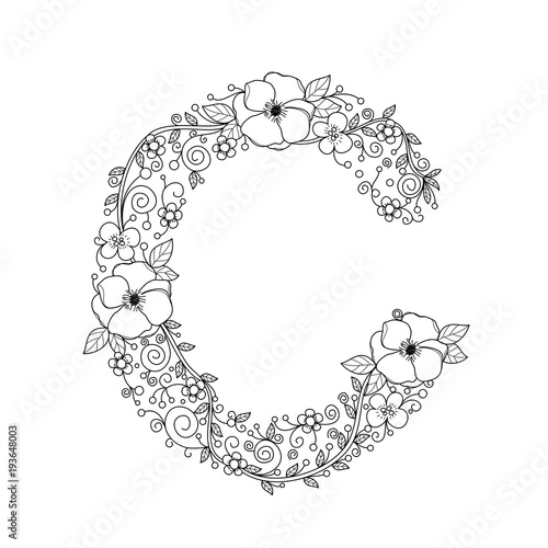 Floral alphabet letter C coloring book for adults. vector illustration.Hand drawn.Doodle style.