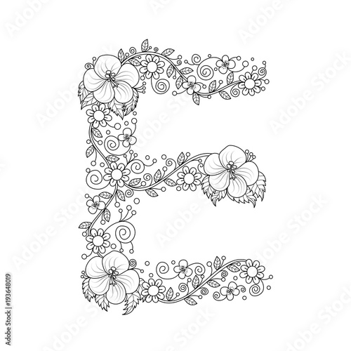 Floral alphabet letter E coloring book for adults. vector illustration.Hand drawn.Doodle style.