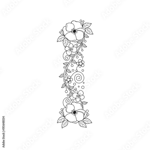 Floral alphabet letter I coloring book for adults. vector illustration.Hand drawn.Doodle style.
