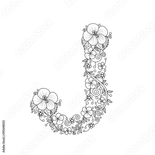 Floral alphabet letter J coloring book for adults. vector illustration.Hand drawn.Doodle style.