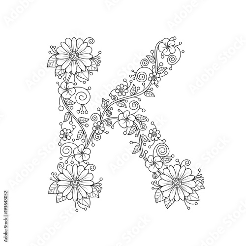 Floral alphabet letter K coloring book for adults. vector illustration.Hand drawn.Doodle style.