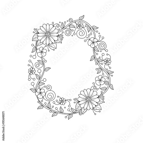 Floral alphabet letter O coloring book for adults. vector illustration.Hand drawn.Doodle style.