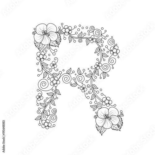 Floral alphabet letter R coloring book for adults. vector illustration.Hand drawn.Doodle style.
