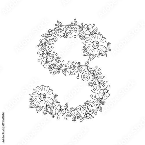 Floral alphabet letter S coloring book for adults. vector illustration.Hand drawn.Doodle style.