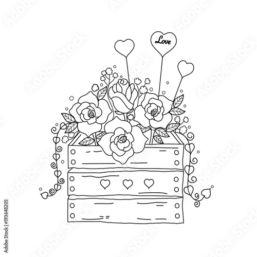 Coloring book page of flower basket for adult.Valentine's day. Vector illustration. Hand drawn. doodle style.