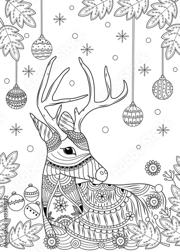 Christmas reindeer coloring book for adult and children. vector illustration. zentangle style. handdrawn.