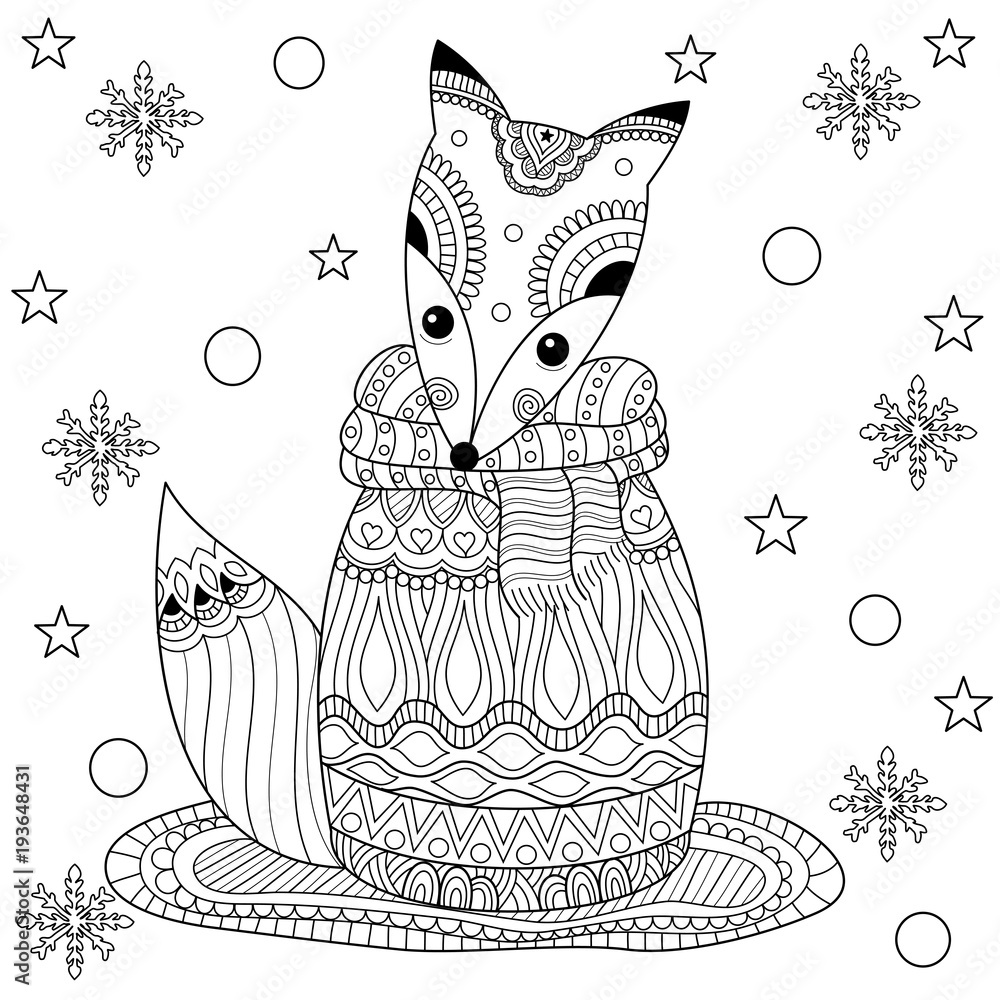 Coloring book of fox in winter for adult.zentangle style.vector ...