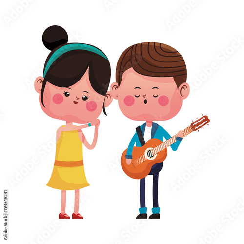 Cute boy playing guitar for his girlfriend vector illustration graphic design