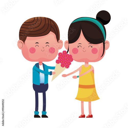 Boy giving flowers to his girlfriend vector illustration graphic design