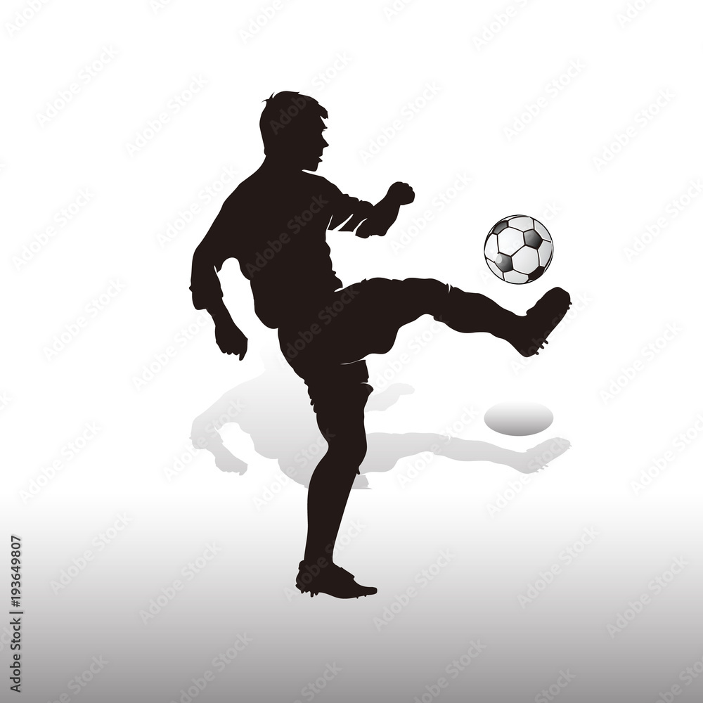 Silhouette Football, Soccer player with ball, playing foot on white background,