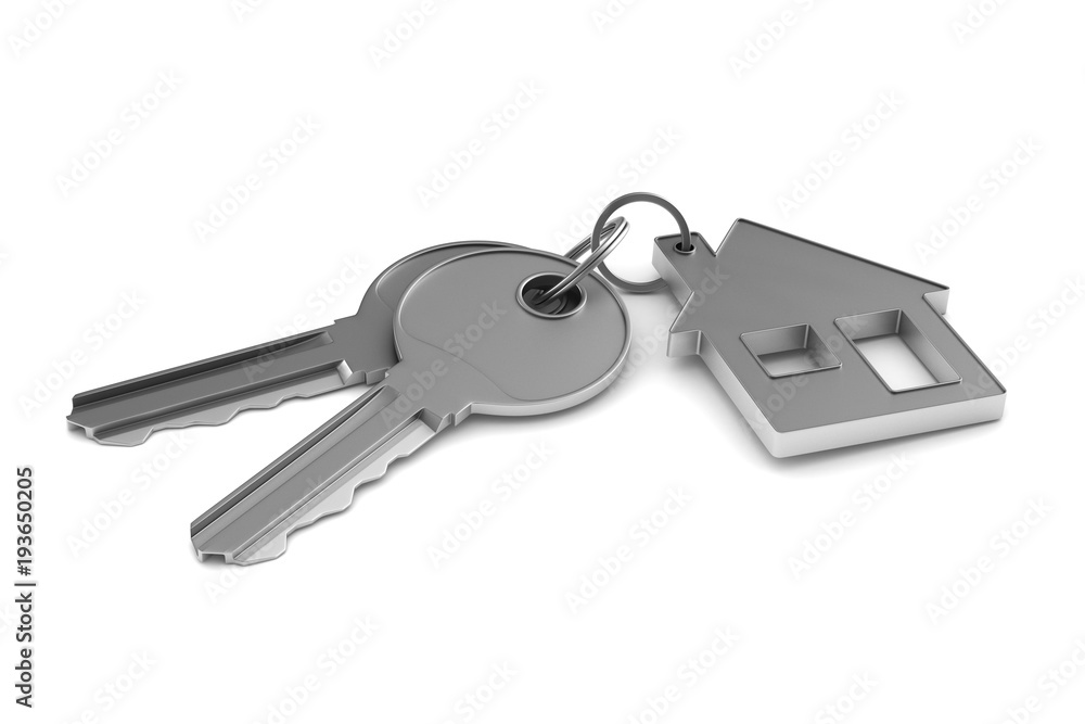 Two keys and trinket house on white background. isolated 3d illustration Two keys and trinket house on white background. isolated 3d illustration