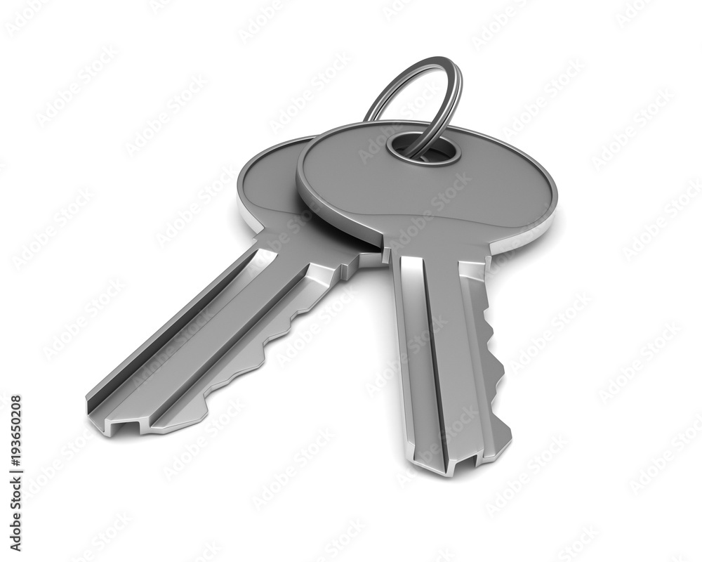 Two metallic keys on white background. isolated 3d illustration Two metallic keys on white background. isolated 3d illustration