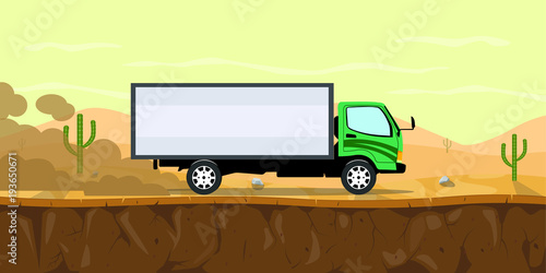 truck running on the road on desert with cactus as background vector graphic illustration