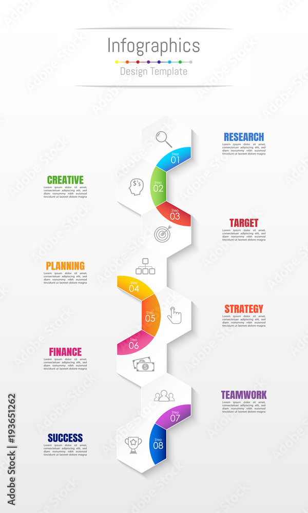 Naklejka premium Infographic design elements for your business data with 8 options, parts, steps, timelines or processes. Vector Illustration.
