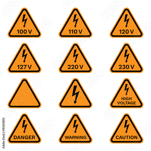 HIGH VOLTAGE warning sign on yellow triangle. Icon set. Vector.
