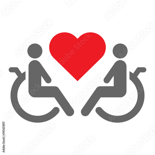 Two disabled persons in wheelchairs holding red heart in thier hands. International Day of Persons with Disabilities. Vector icon.