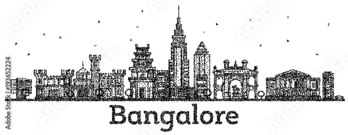 Engraved Bangalore India City Skyline with Black Buildings Isolated on White.