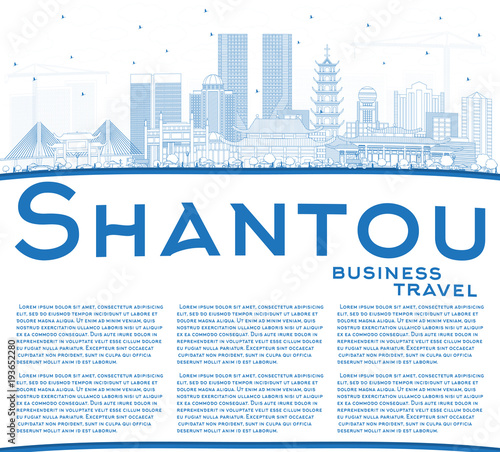 Outline Shantou China City Skyline with Blue Buildings and Copy Space.