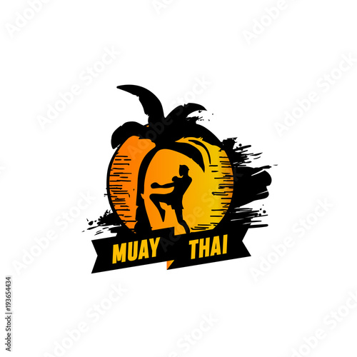 Thai boxing logo. Men silhouette training in sunset, breaking a palm tree. Vector composition for emblem, sticker, sign. finished concept for training center, gym, martial arts school