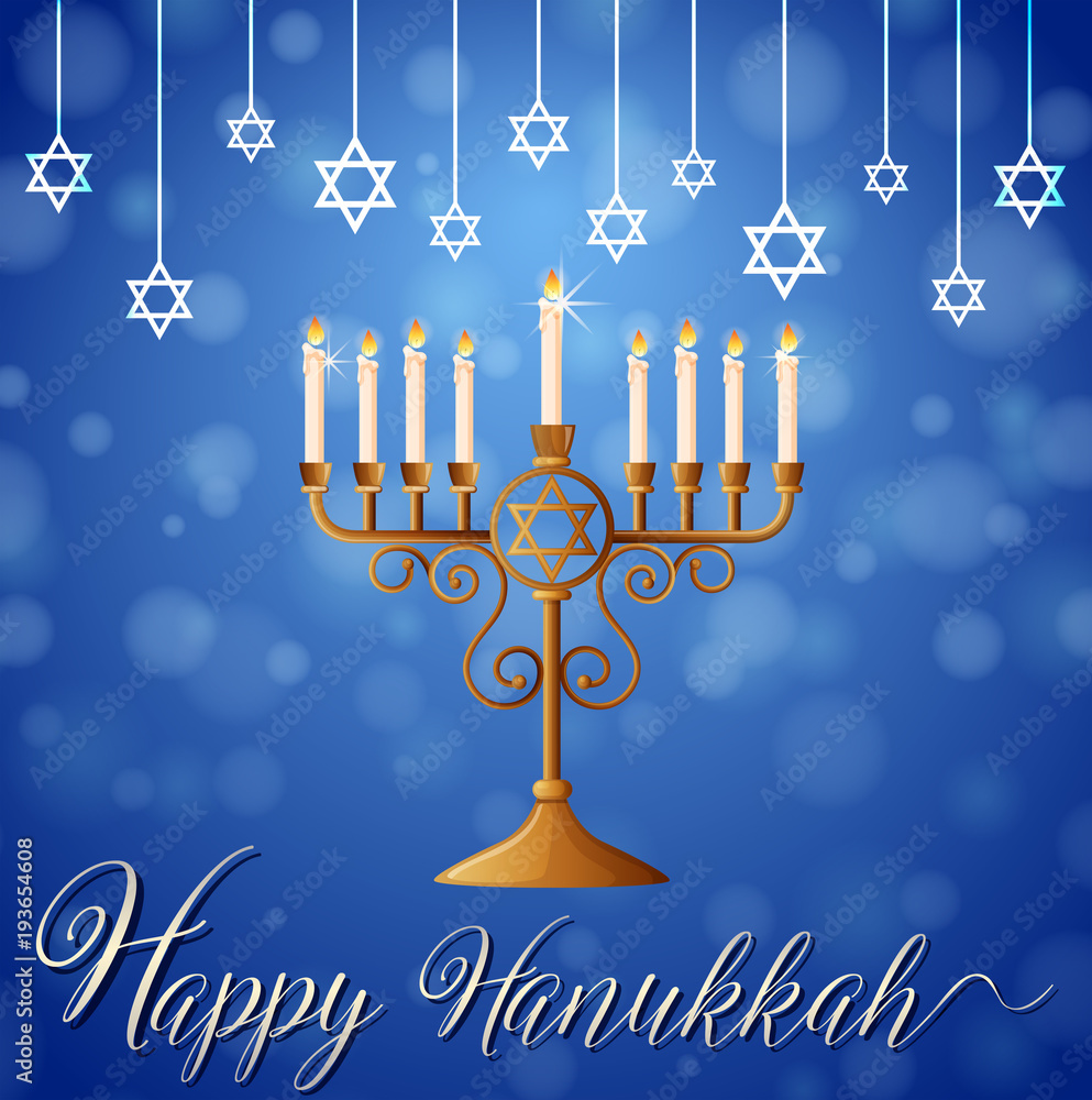 Happy Hanukkah with star symbol and candlelights Stock Vector | Adobe Stock