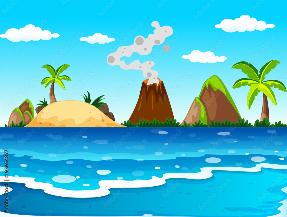 Ocean scene with volcano and island
