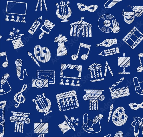 Culture and art, seamless pattern, shading pencil, dark blue, vector. Leisure and cultural centres. Cultural events and the attributes of art. White icons on a dark blue field. Vector picture.  