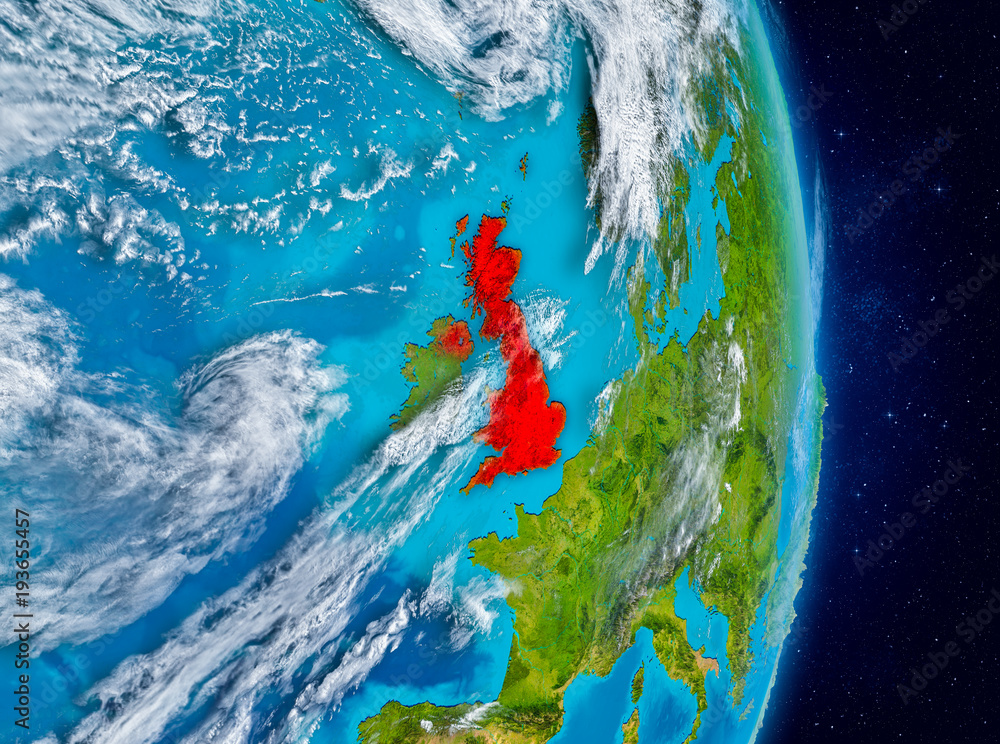 Orbit view of United Kingdom in red