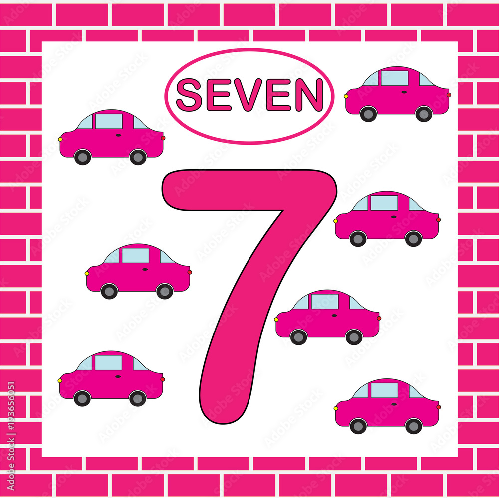 Activity for preschool children. Learning numbers. Educational card with number 7 (seven) with car.