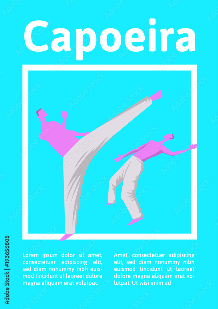 Capoeira, the traditional Brazilian martial art. Two men fighting. Vector illutration, design template for sport poster.