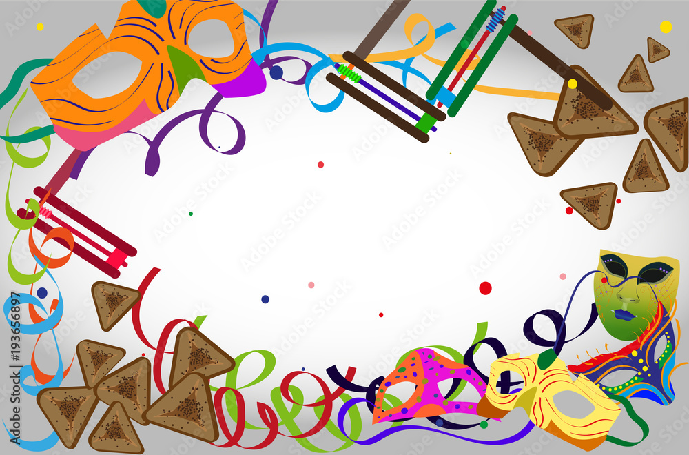 Design solutions for the Purim holiday, greeting card template with holiday symbols Design solutions for the Purim holiday, greeting card template with holiday symbols