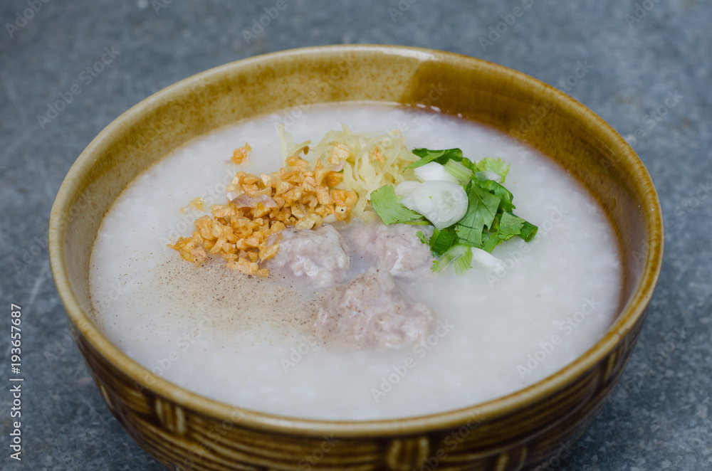 Asian Rice Porridge with Meatballs for Breakfast. Asian Rice Porridge with Meatballs for Breakfast.
