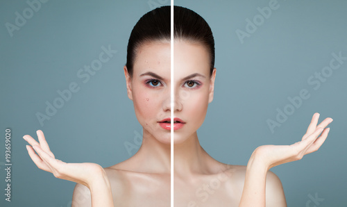 Photos Portrait of Young Woman Showing Empty Copy Space on the Open Hand for Cream Tube
