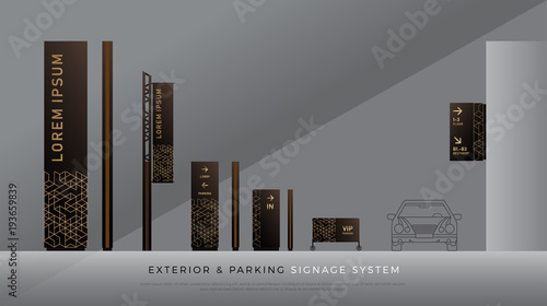 exterior and parking signage. direction, pole, wall mount and traffic signage system design template set. empty space for logo, text, color corporate identity