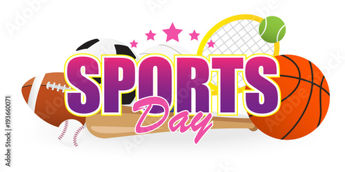 Sports Day Banner vector illustration, Text with Sport equipment isolated on white background photo
