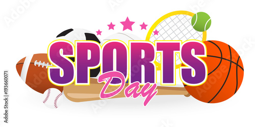 Sports Day Banner vector illustration, Text with Sport equipment isolated on white background