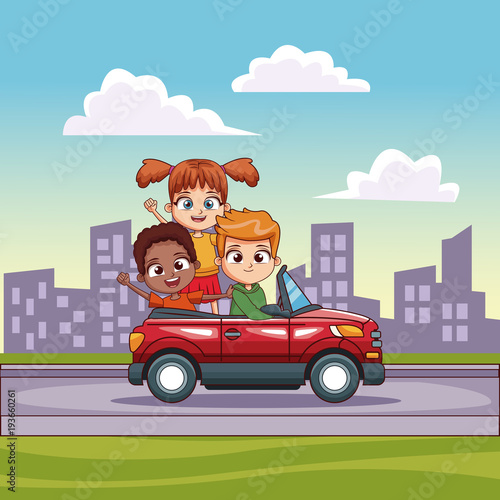 Kids in convertible cart riding in the city vector illustration graphic design