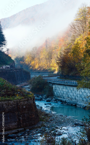 Autumn Carpathian mountains and river, Ukraine photo