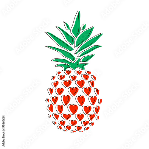 Pineapple in hearts. Line icon pineapple with leaves.