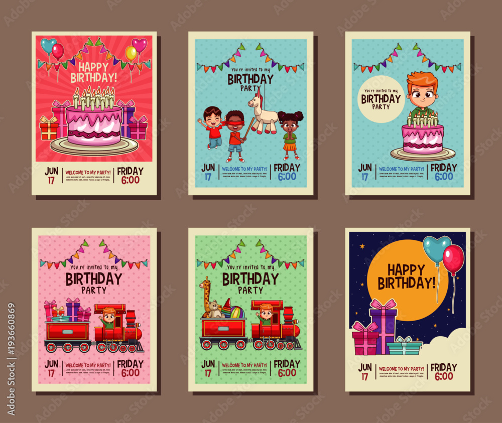 Set on birthday kids party invitation card vector illustration graphic design